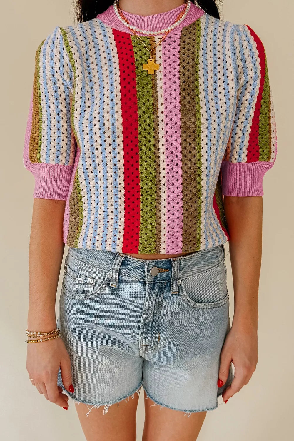 Color Block Short Sleeve Striped Crochet Knit Top
