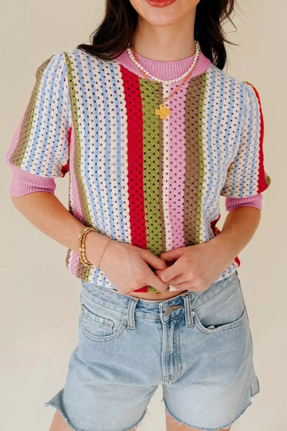 Color Block Short Sleeve Striped Crochet Knit Top
