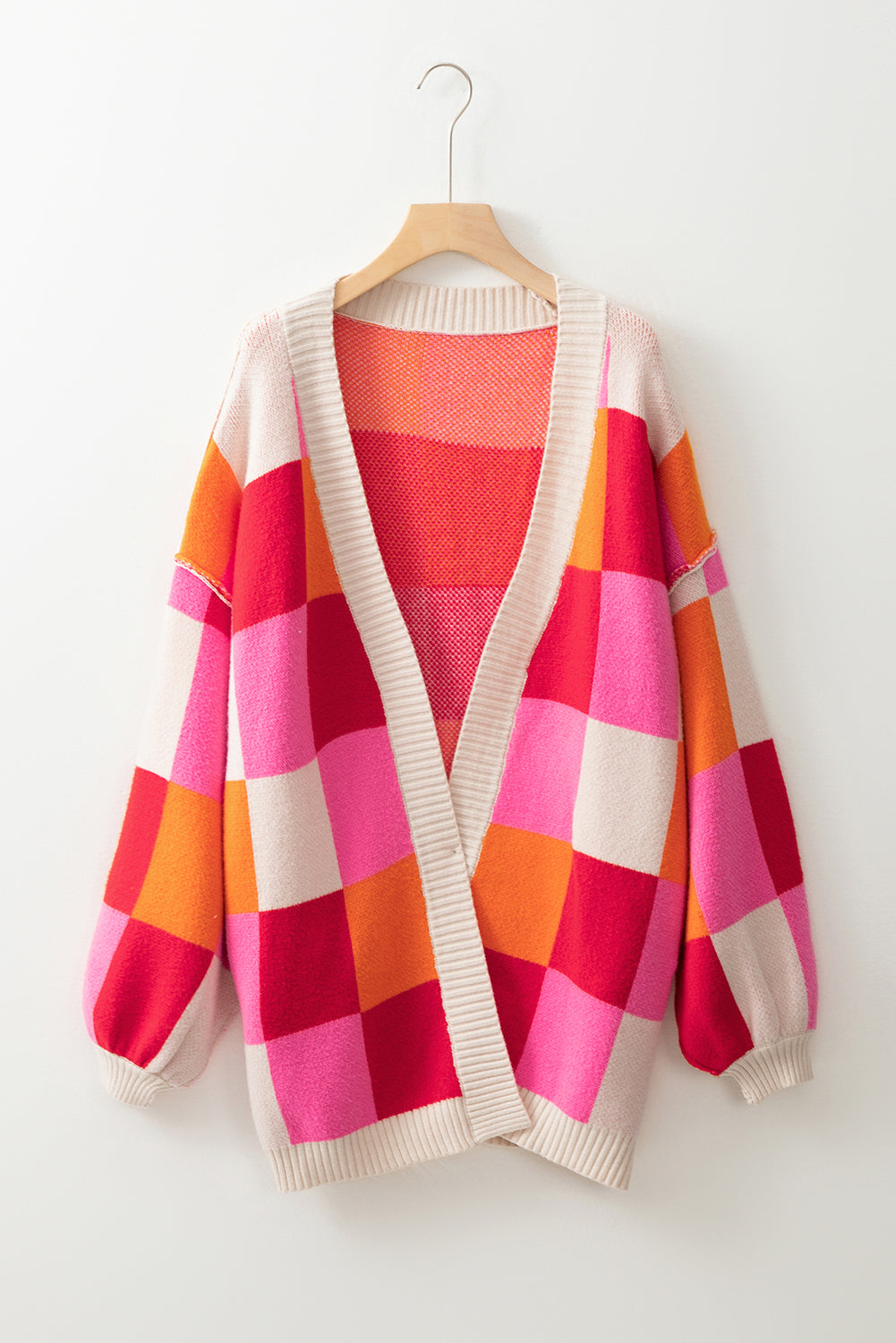 Checker Drop Shoulder Reverse Seam Open Front Cardigan
