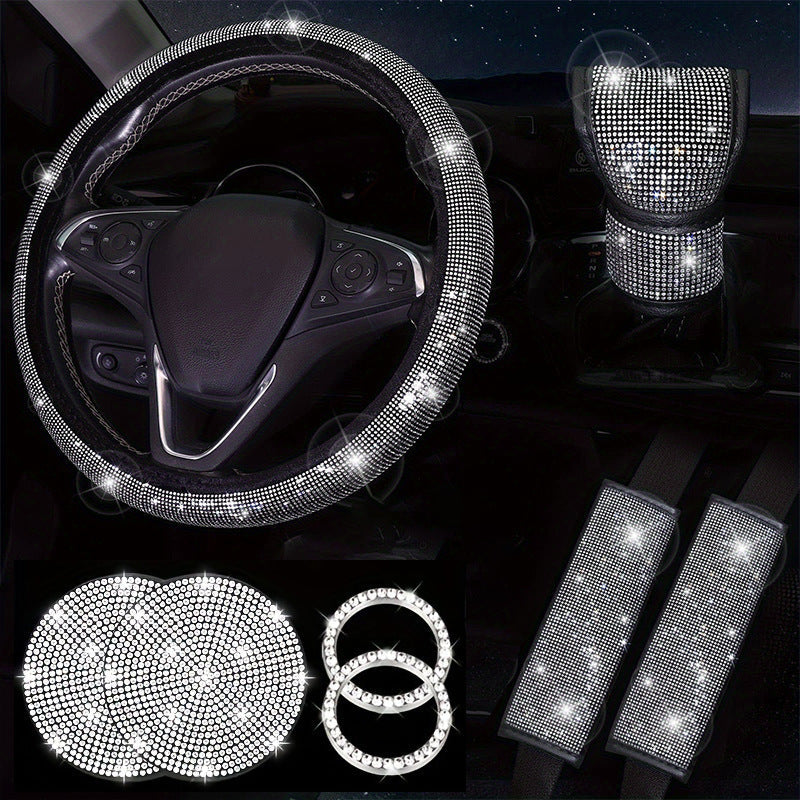 Diamond Set Leather Steering Wheel Cover Rhinestones Steering Wheel Cover With Crystal Breathable Anti-Slip Steering Wheel Protector Diamond Sparkling Car Steering Wheel Protector Vehicle Car Bling Steering Wheel Cover for Women Girls
