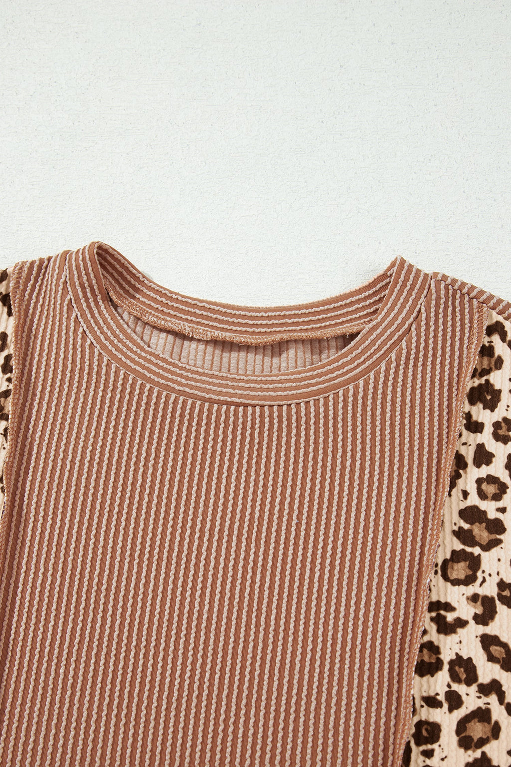 Leopard Colorblock Reverse Seam Corded Long Sleeve Knit Top