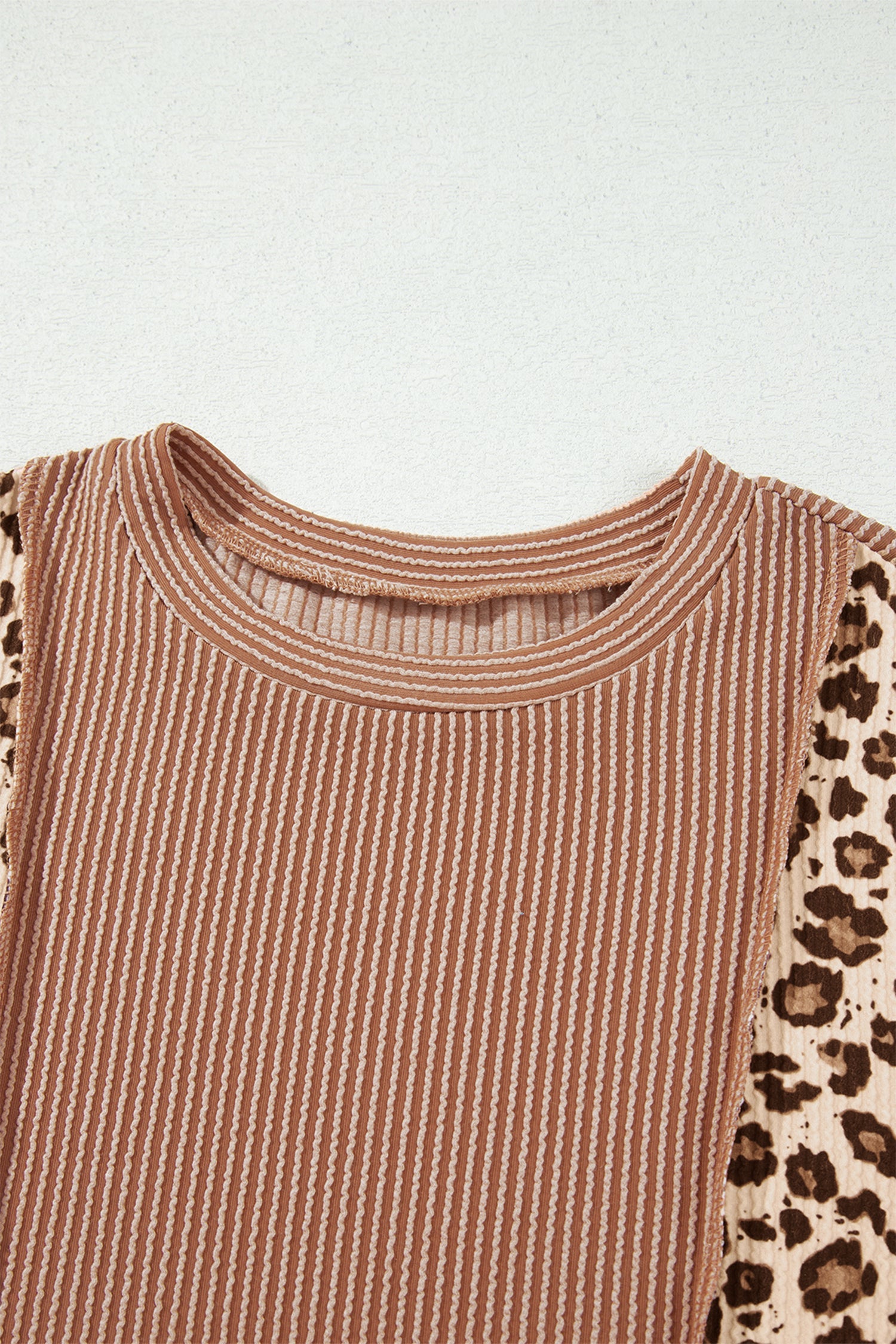 Leopard Colorblock Reverse Seam Corded Long Sleeve Knit Top
