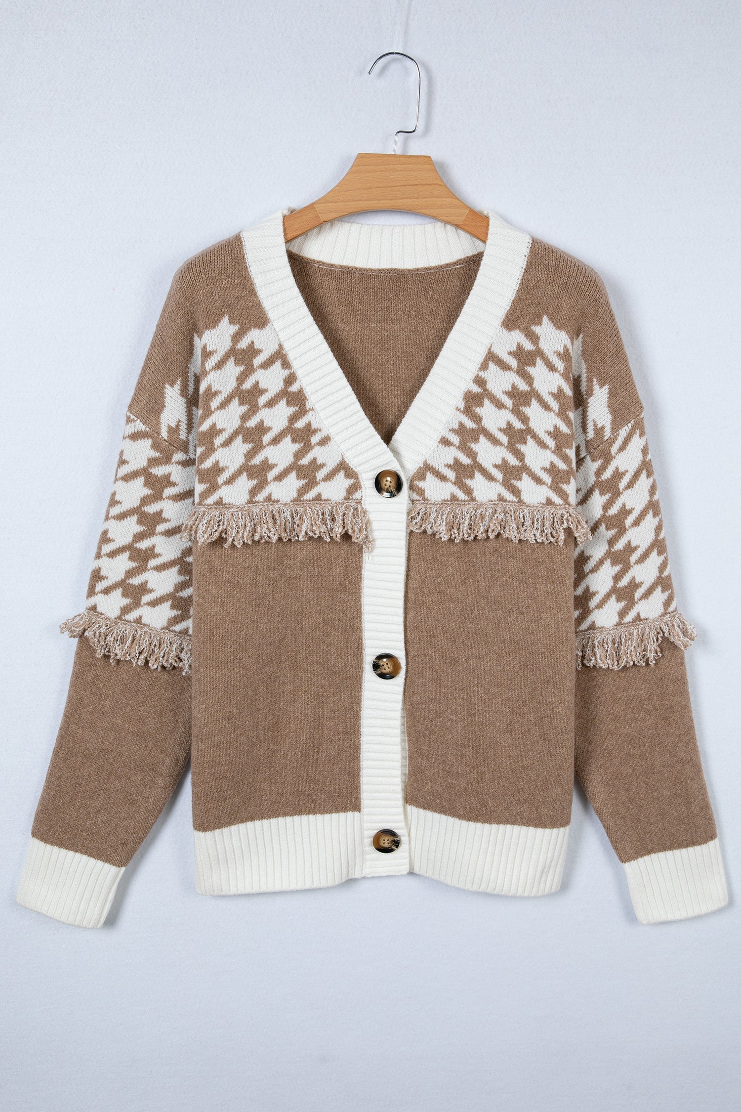 Houndstooth Colorblock Raw Edge Button Front Cardigan