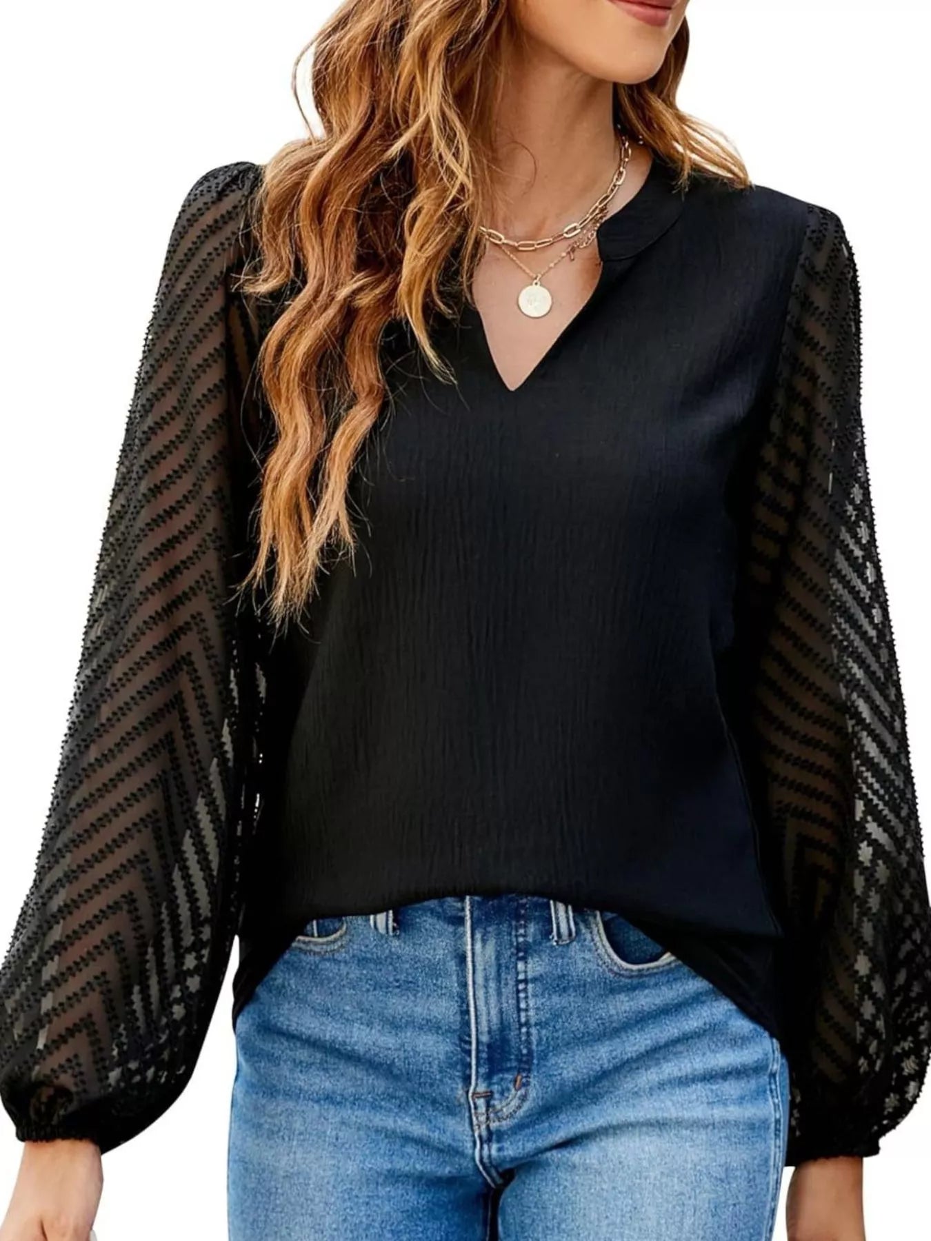 Notched Balloon Sleeve Blouse