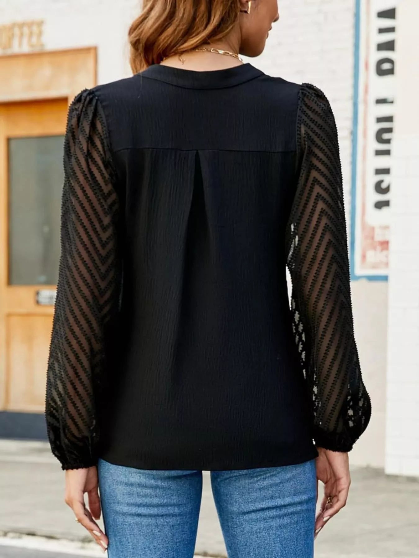 Notched Balloon Sleeve Blouse