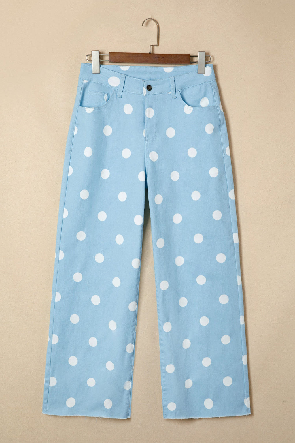 Sky Blue Polka Dot Print Raw Hem Shift Jeans