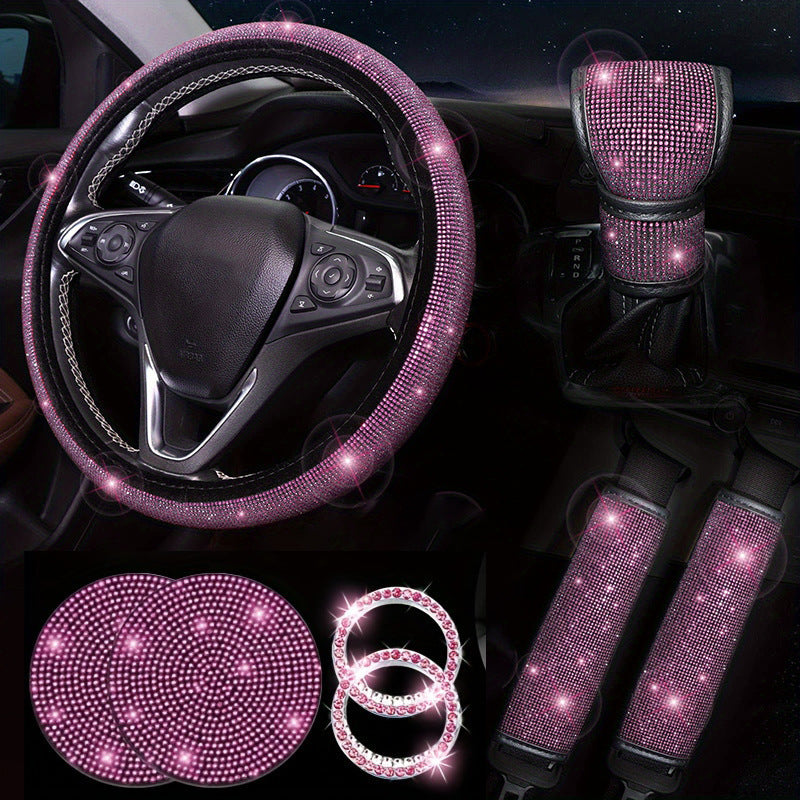 Diamond Set Leather Steering Wheel Cover Rhinestones Steering Wheel Cover With Crystal Breathable Anti-Slip Steering Wheel Protector Diamond Sparkling Car Steering Wheel Protector Vehicle Car Bling Steering Wheel Cover for Women Girls