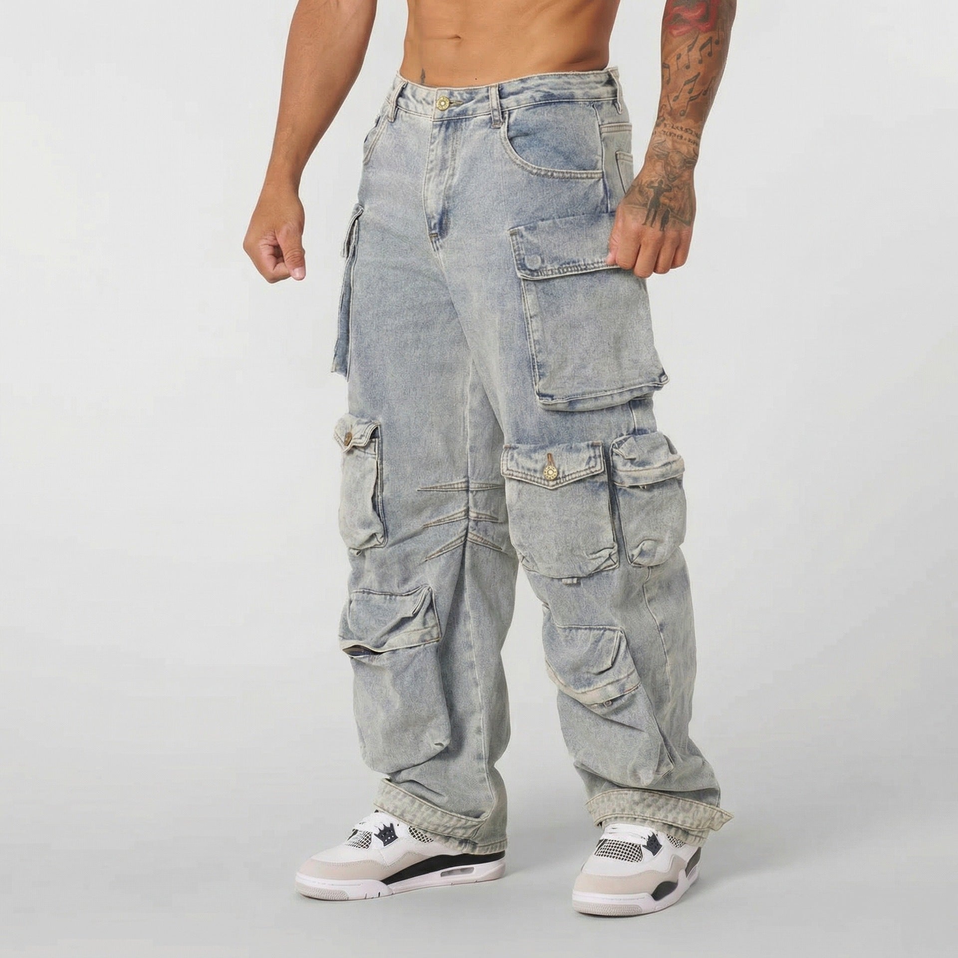 Mens Retro-style Loose-fit Washed Straight-leg Denim Jeans With Multiple Pockets