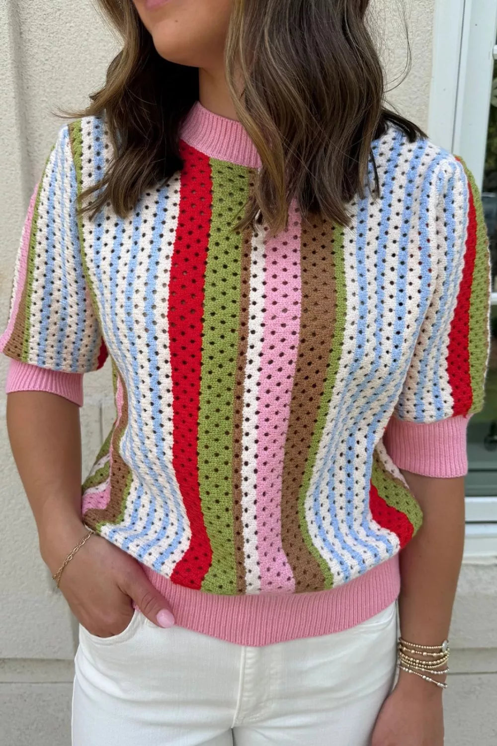 Color Block Short Sleeve Striped Crochet Knit Top