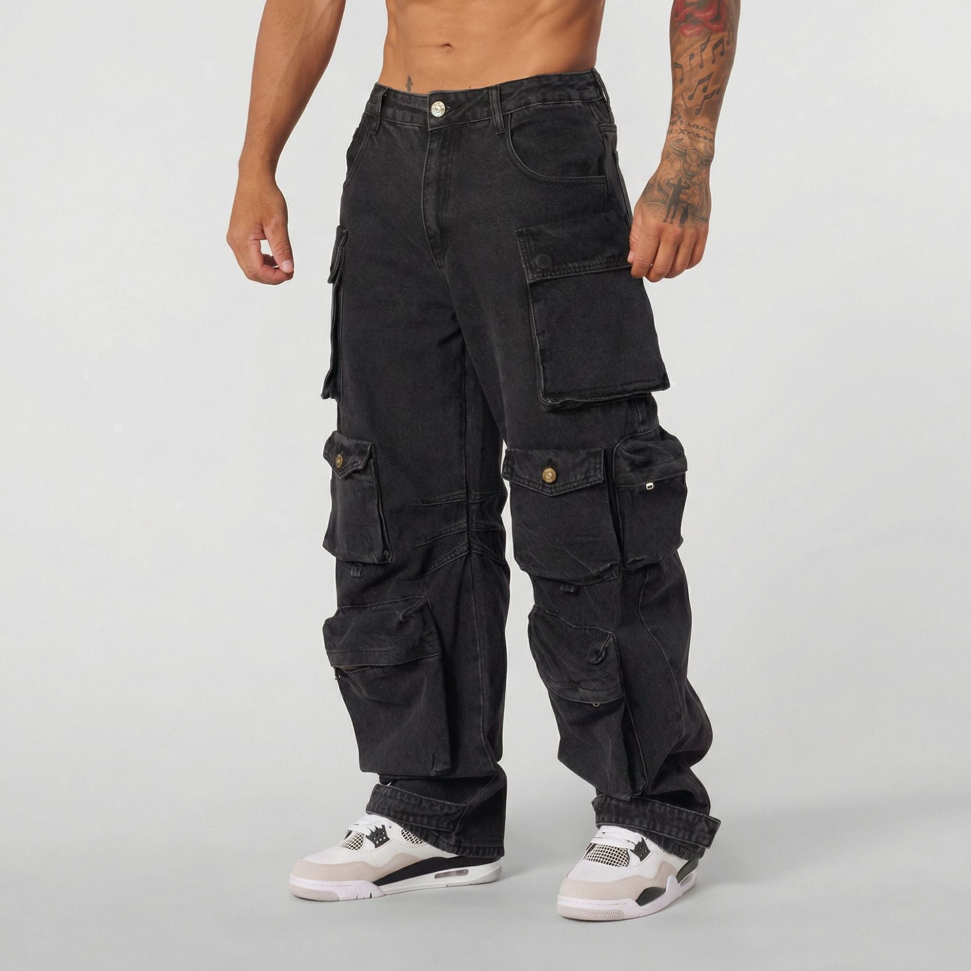 Mens Retro-style Loose-fit Washed Straight-leg Denim Jeans With Multiple Pockets
