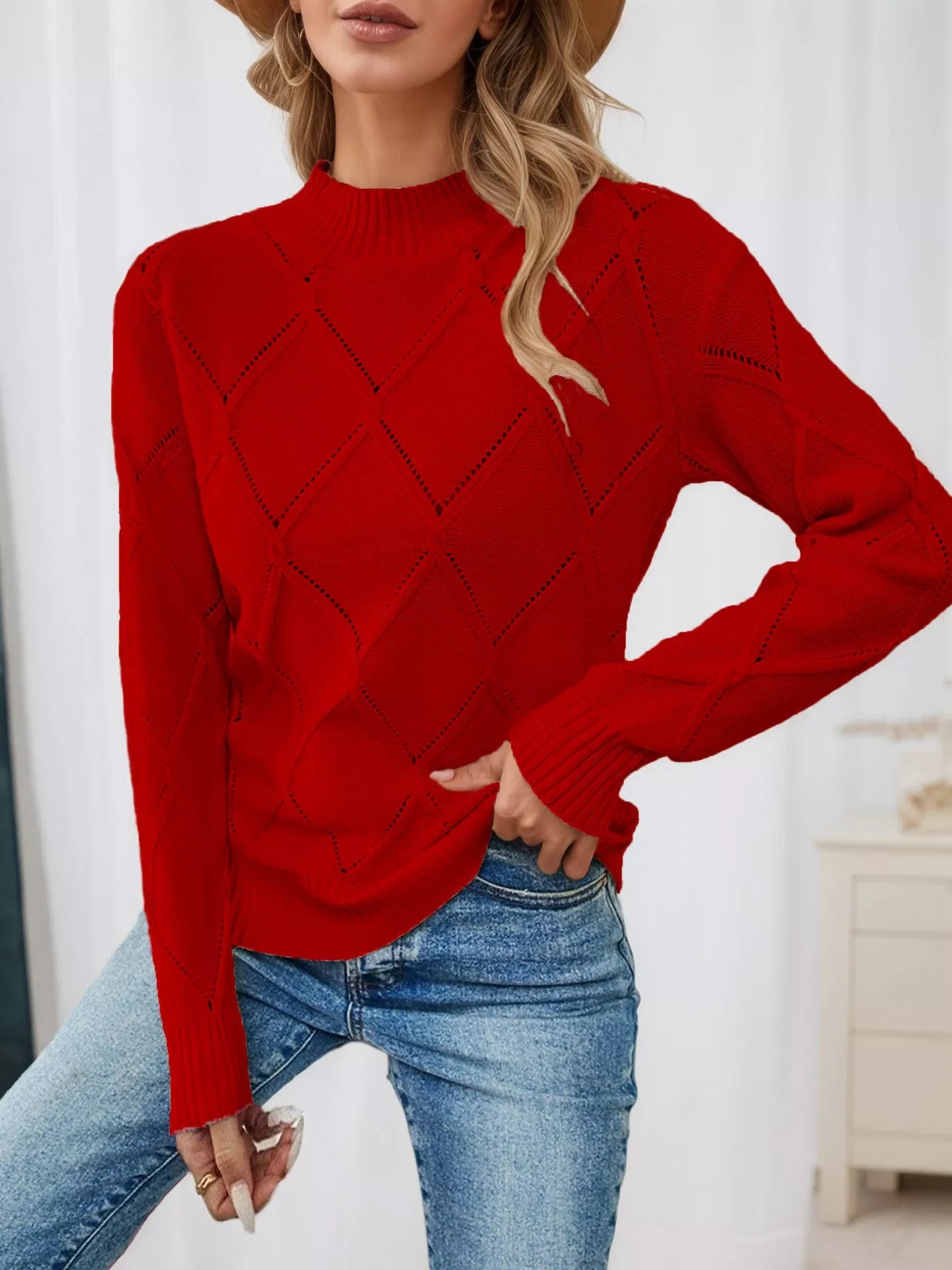 Long Sleeve Diamond Eyelet Knit Top