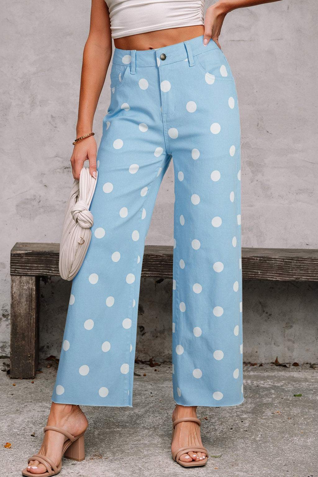 Sky Blue Polka Dot Print Raw Hem Shift Jeans