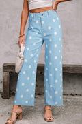Sky Blue Polka Dot Print Raw Hem Shift Jeans
