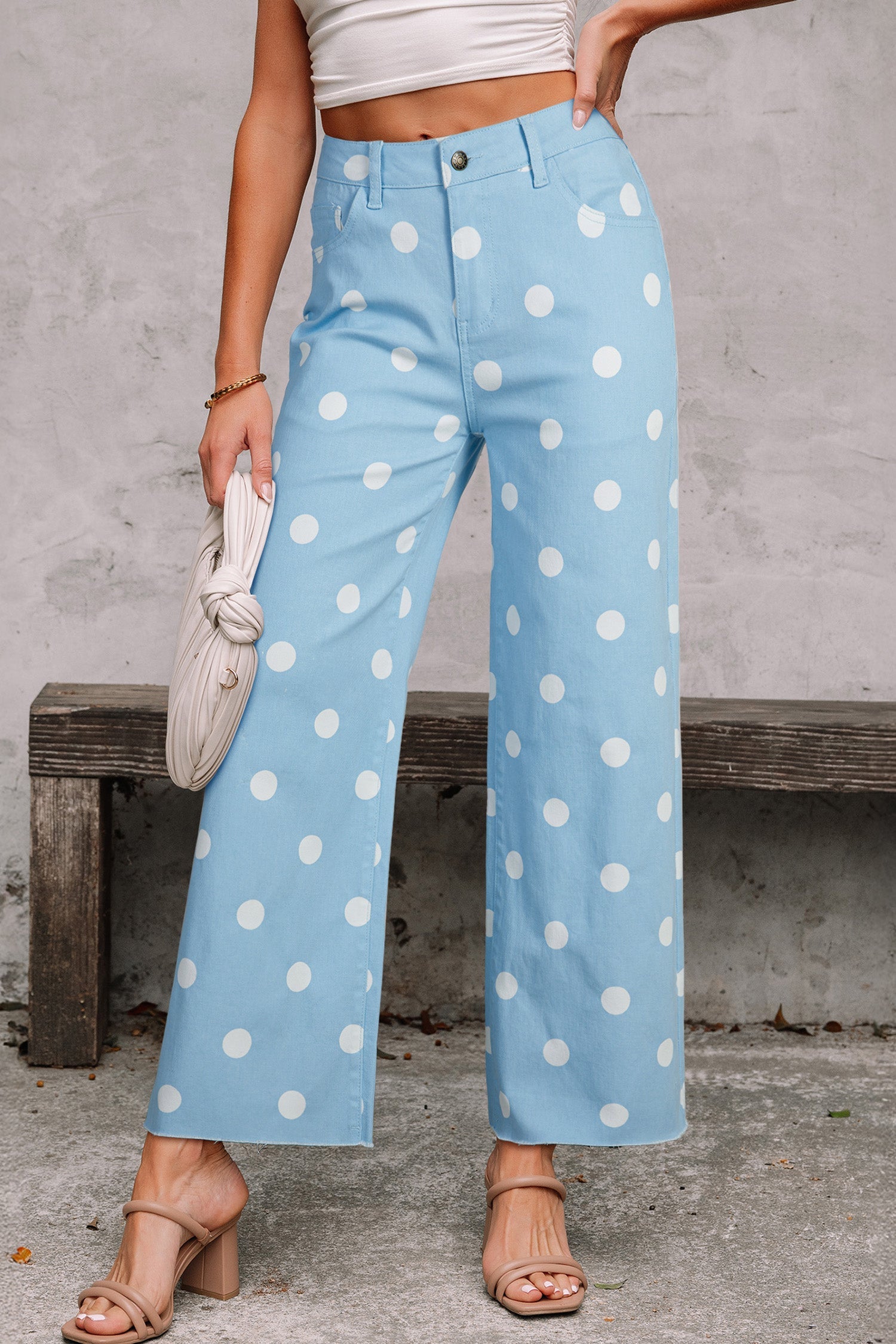 Sky Blue Polka Dot Print Raw Hem Shift Jeans