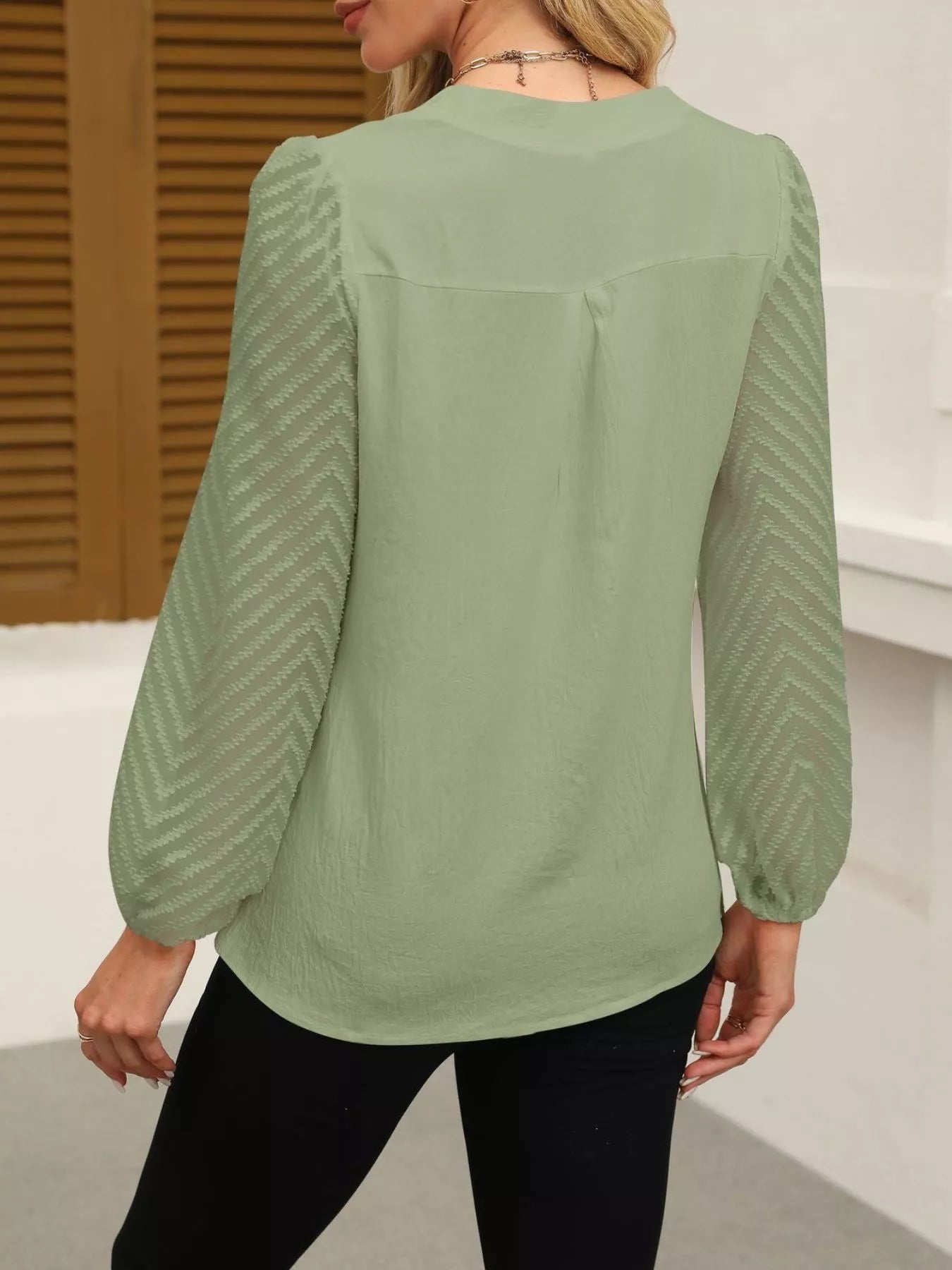 Notched Balloon Sleeve Blouse