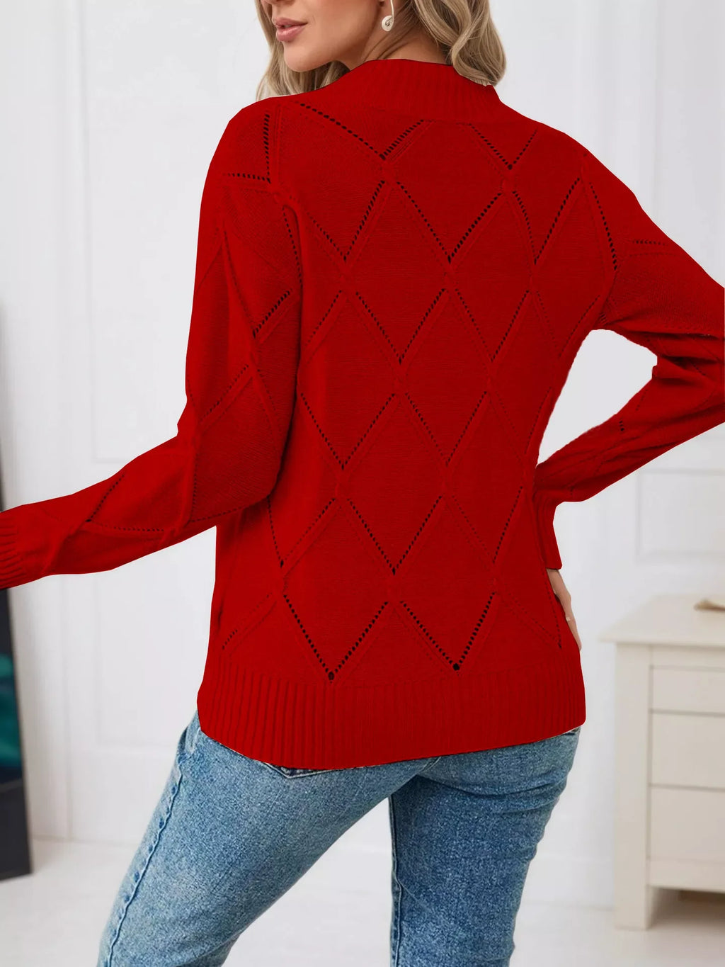 Long Sleeve Diamond Eyelet Knit Top