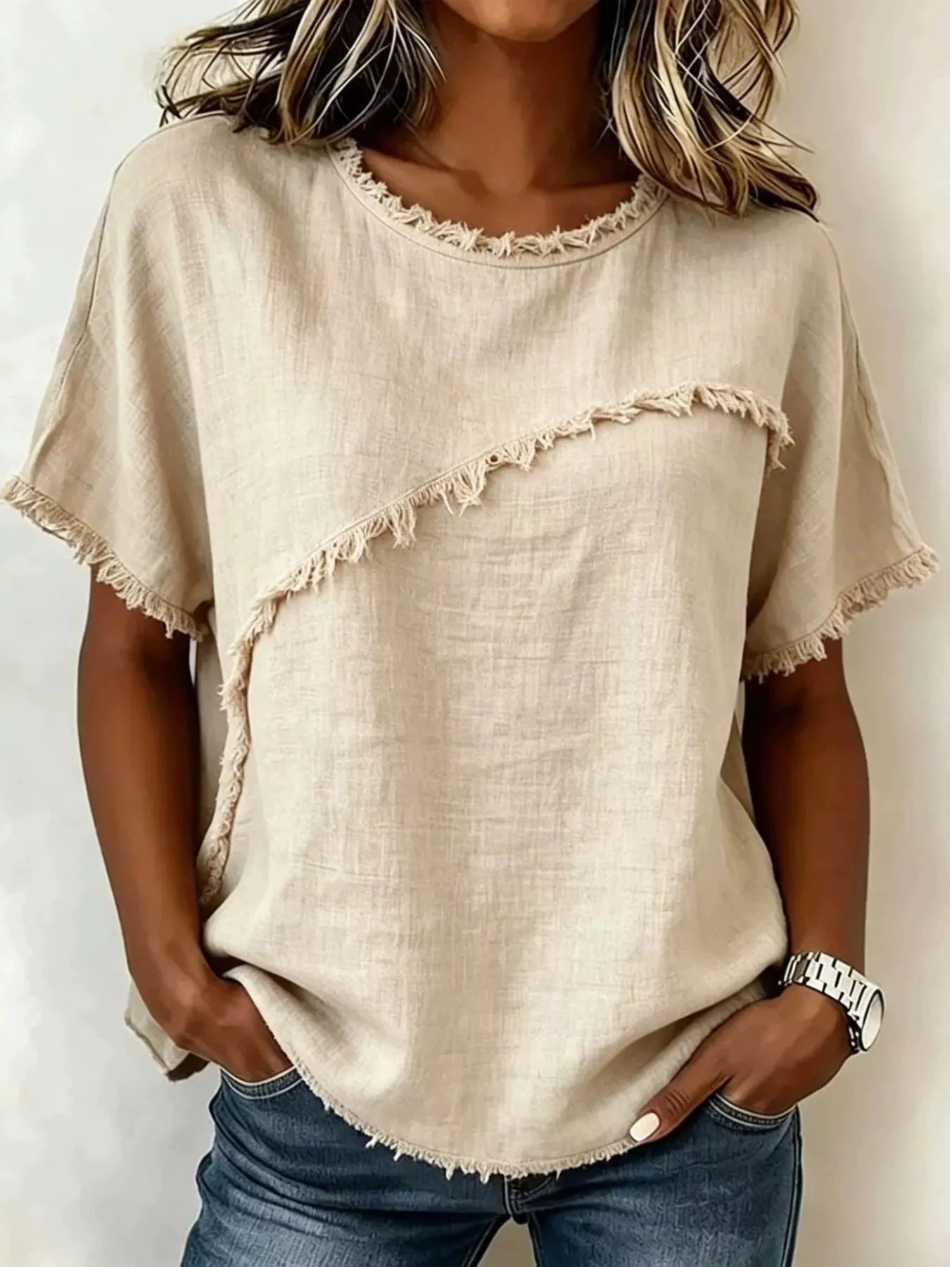 Full Size Frayed Hem Short Sleeve Top Plus Size