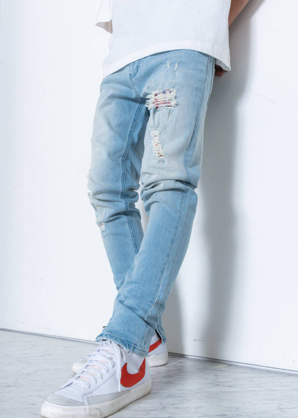 Men's Light Washed Slim Tapered Denim with Repair Works - Konus Brand