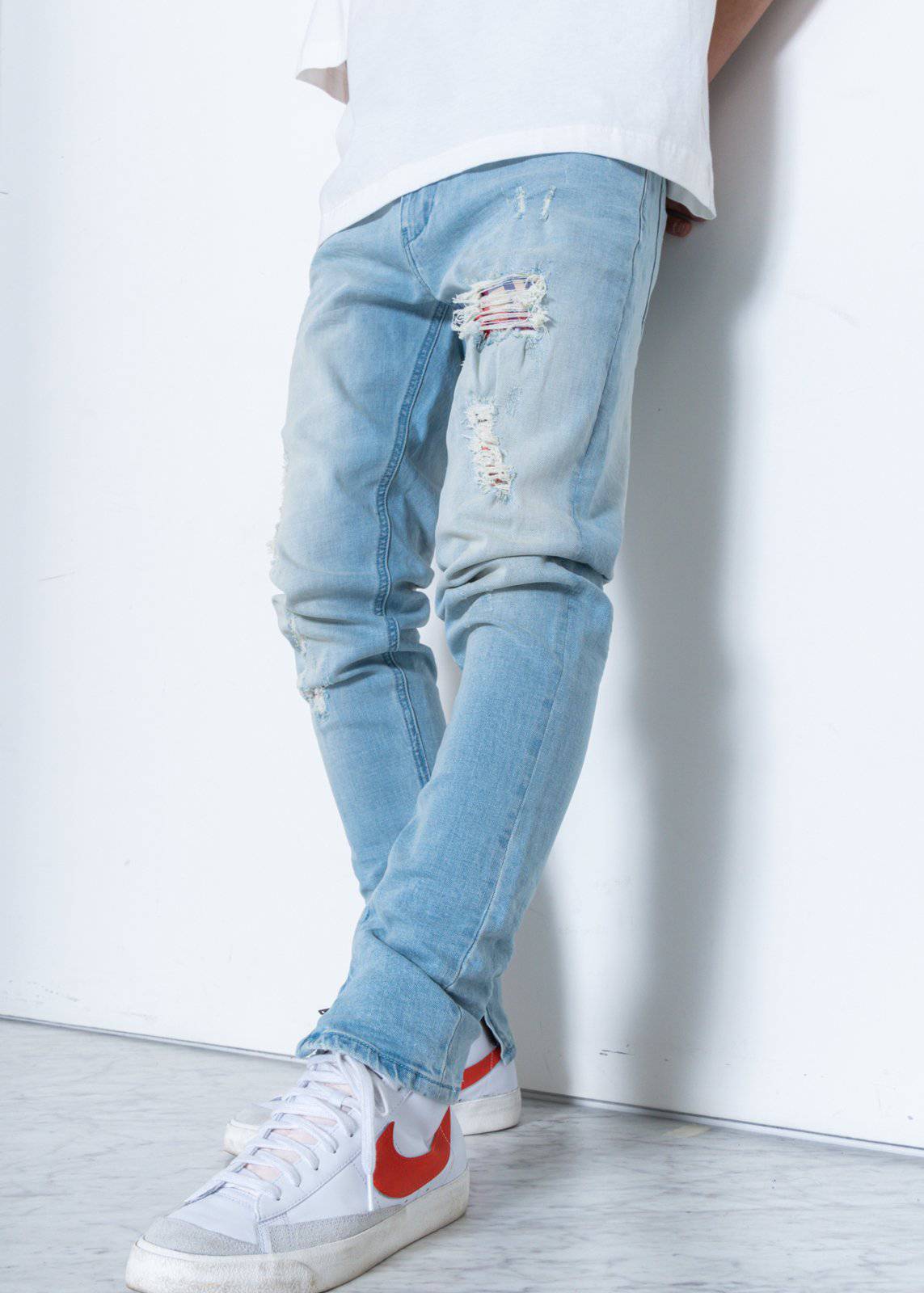 Men's Light Washed Slim Tapered Denim with Repair Works - Konus Brand