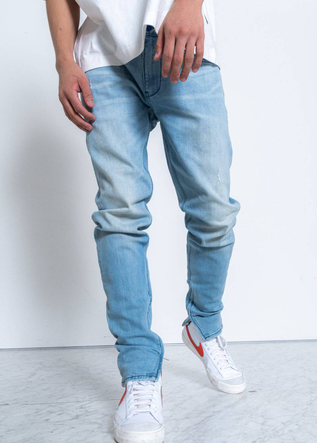 Men's Light Washed Slim Tapered Denim with Repair Works - Konus Brand