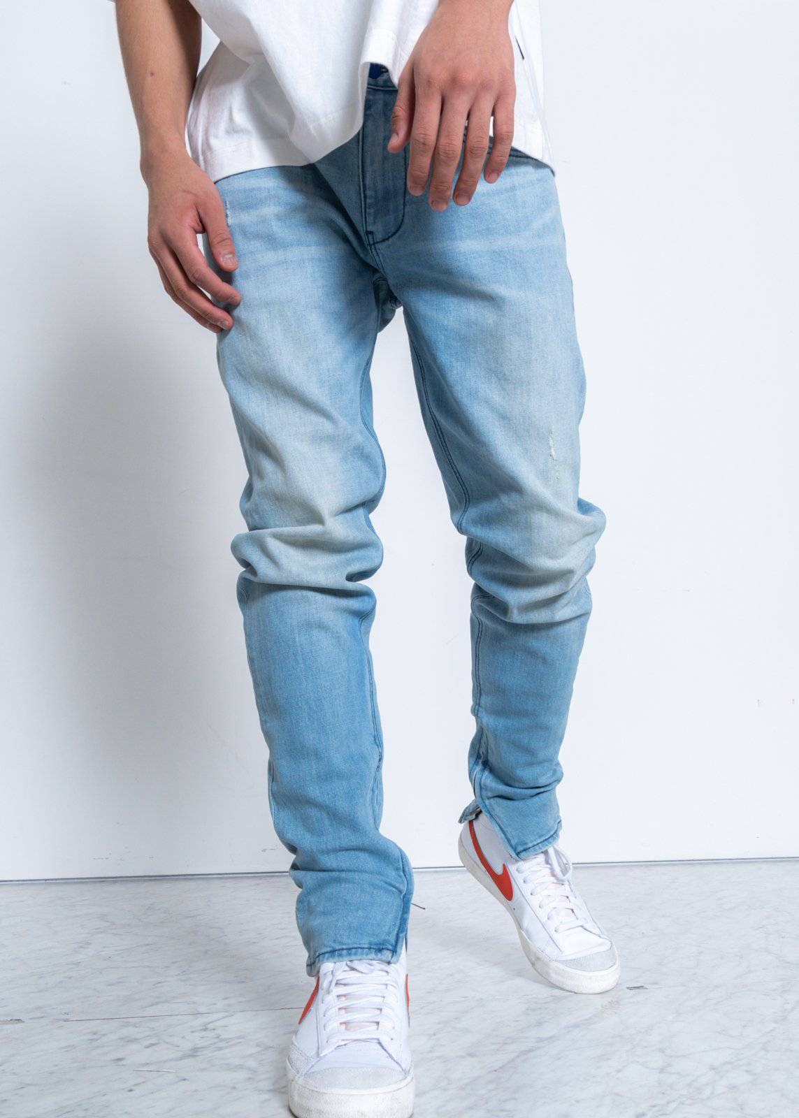 Men's Light Washed Slim Tapered Denim with Repair Works - Konus Brand