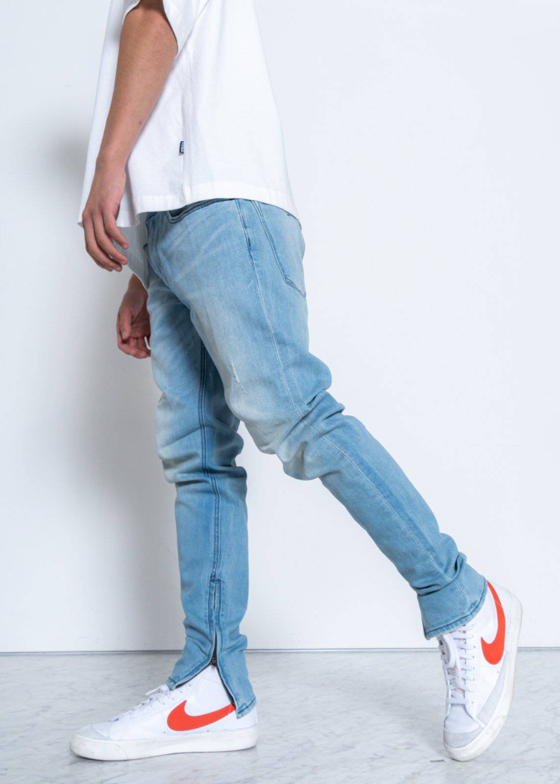 Men's Light Washed Slim Tapered Denim with Repair Works - Konus Brand