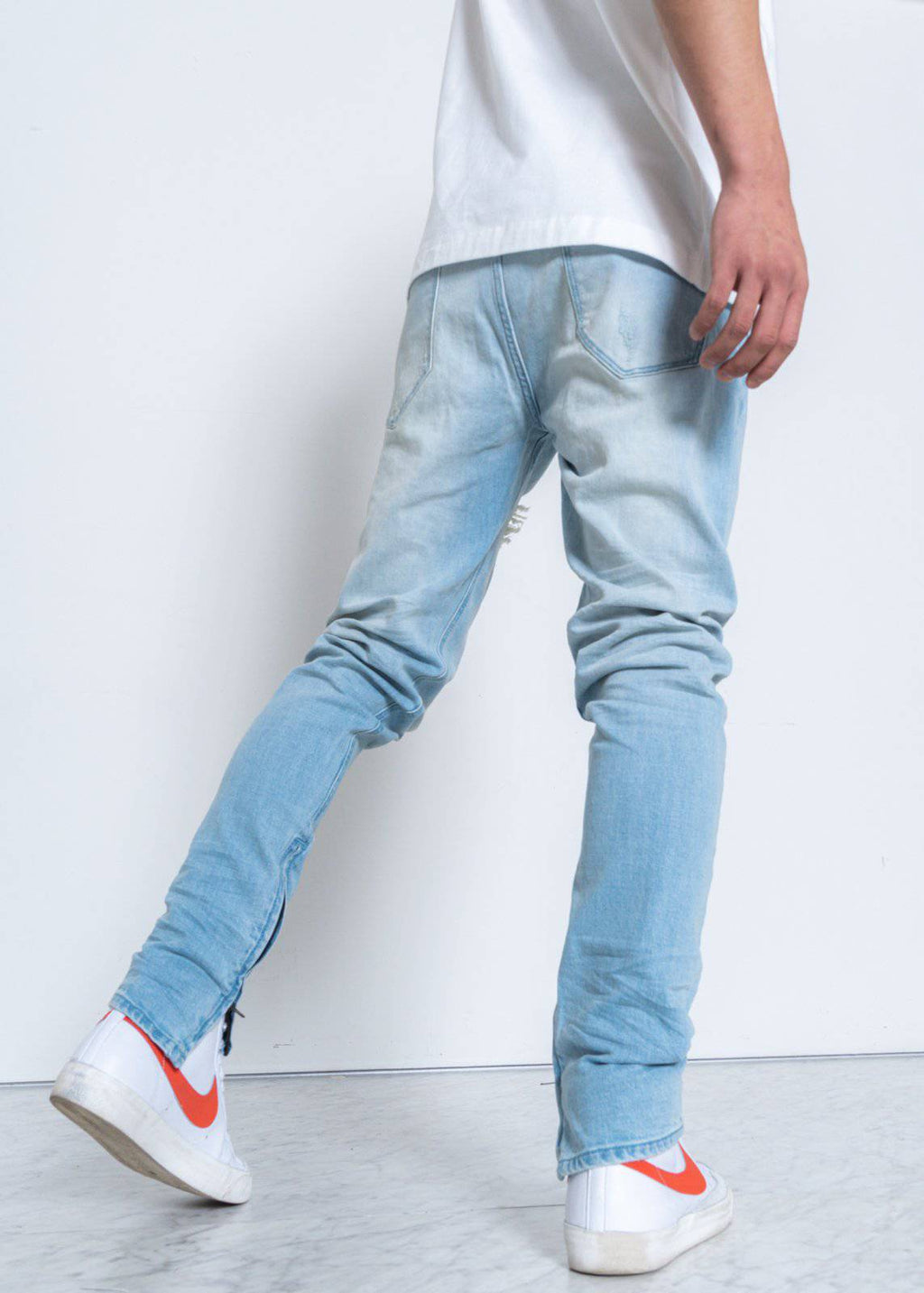 Men's Light Washed Slim Tapered Denim with Repair Works - Konus Brand