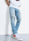 Men's Light Washed Slim Tapered Denim with Repair Works - Konus Brand