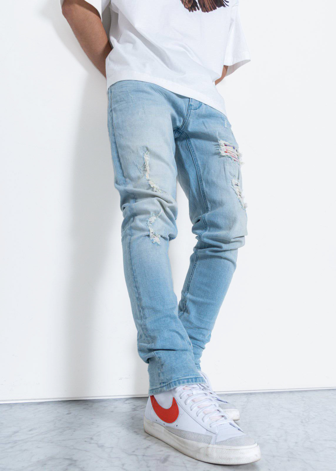 Men's Light Washed Slim Tapered Denim with Repair Works - Konus Brand