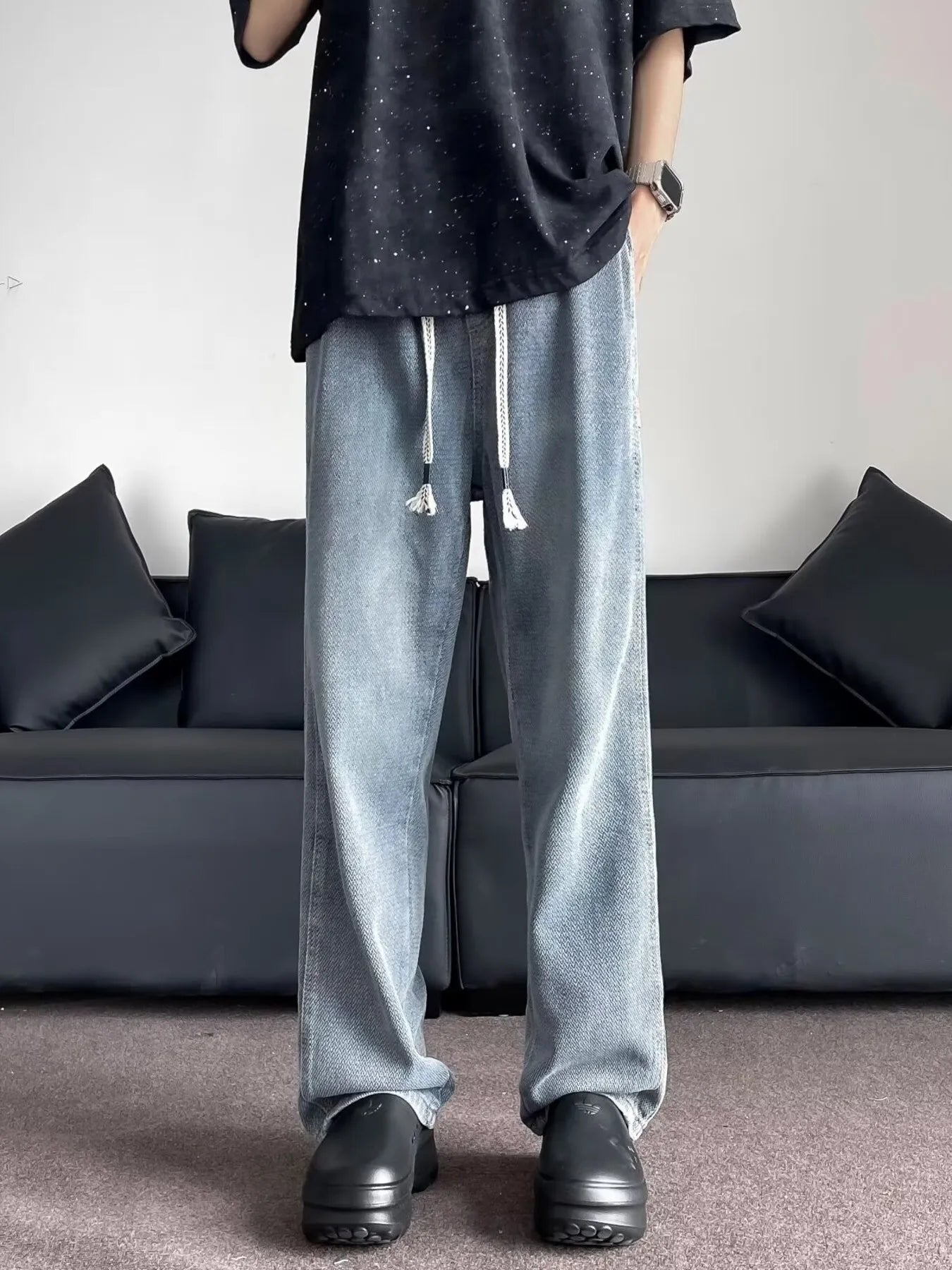 Men's Plus Size Drawstring Washed Wide Leg Jeans