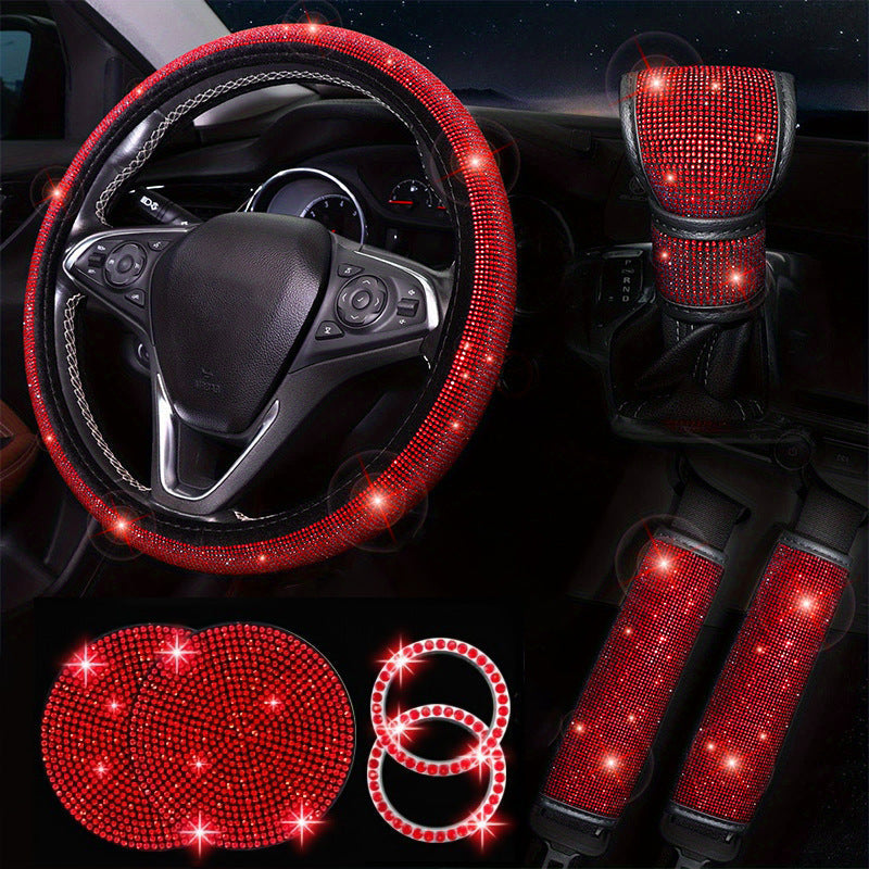 Diamond Set Leather Steering Wheel Cover Rhinestones Steering Wheel Cover With Crystal Breathable Anti-Slip Steering Wheel Protector Diamond Sparkling Car Steering Wheel Protector Vehicle Car Bling Steering Wheel Cover for Women Girls