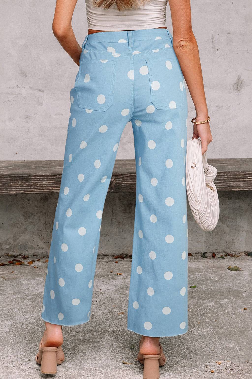 Sky Blue Polka Dot Print Raw Hem Shift Jeans