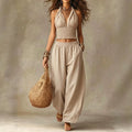 Women's Halter Neck V-Neck Crop Top & Loose Lantern Pants Linen Two-Piece Set