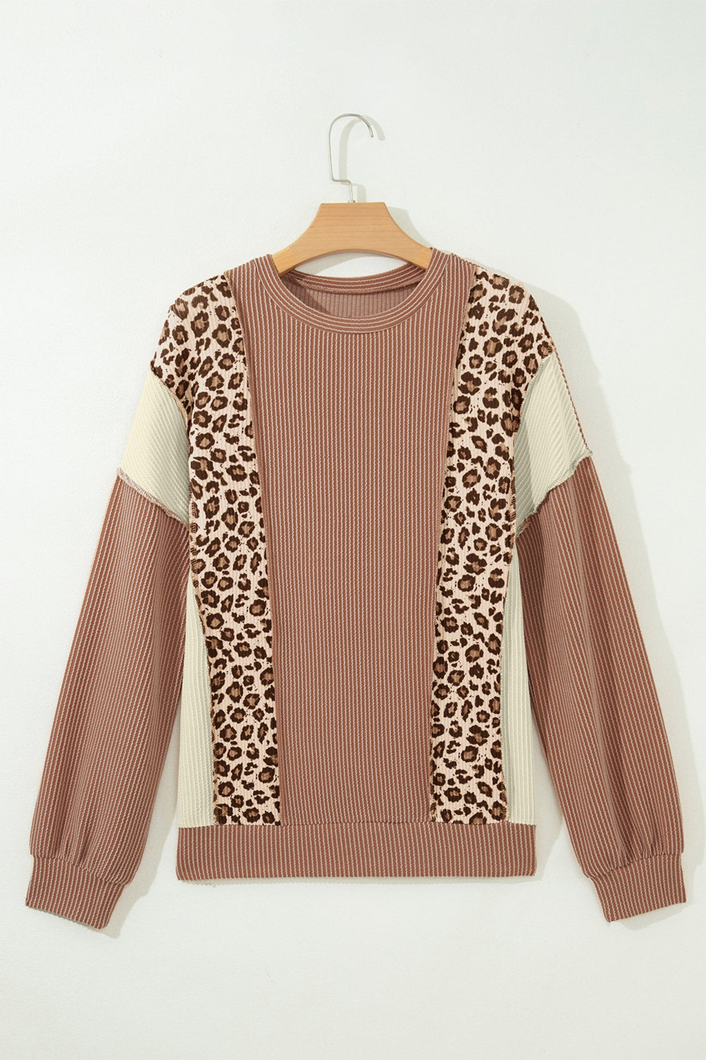Leopard Colorblock Reverse Seam Corded Long Sleeve Knit Top
