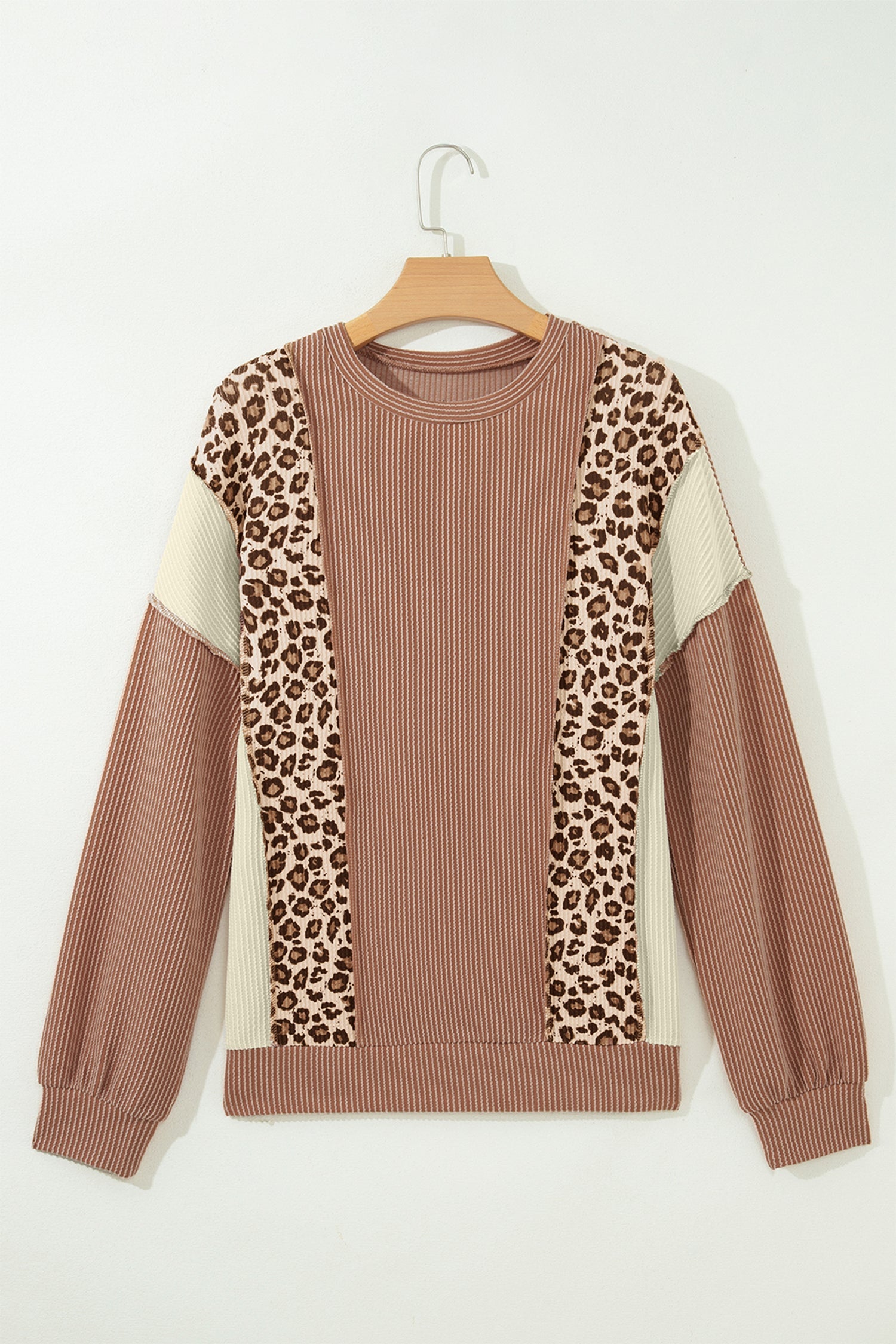 Leopard Colorblock Reverse Seam Corded Long Sleeve Knit Top