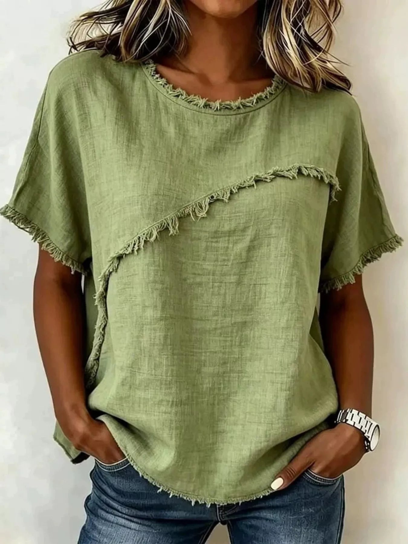 Full Size Frayed Hem Short Sleeve Top Plus Size