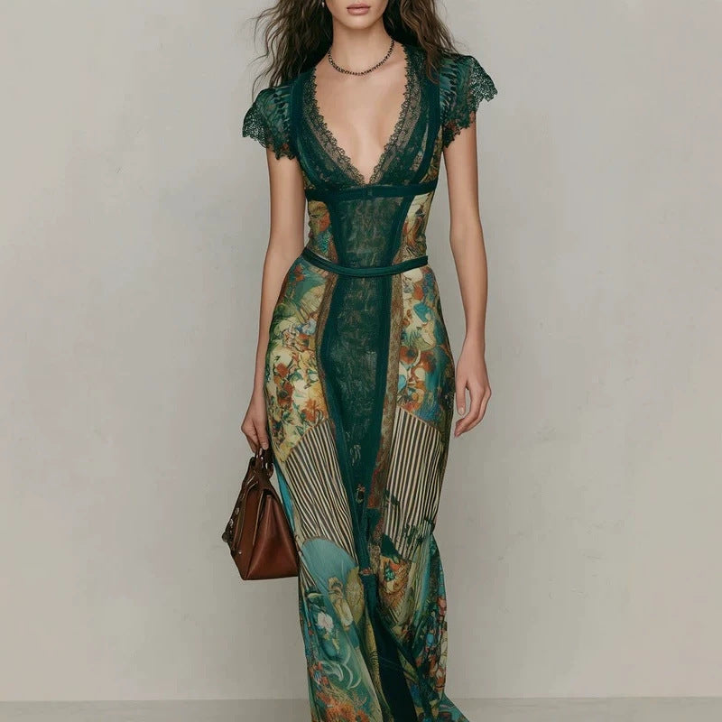Women's Vintage Lace V-Neck Short Sleeve Oil Painting Print Fishtail Maxi Dress – Dark Green