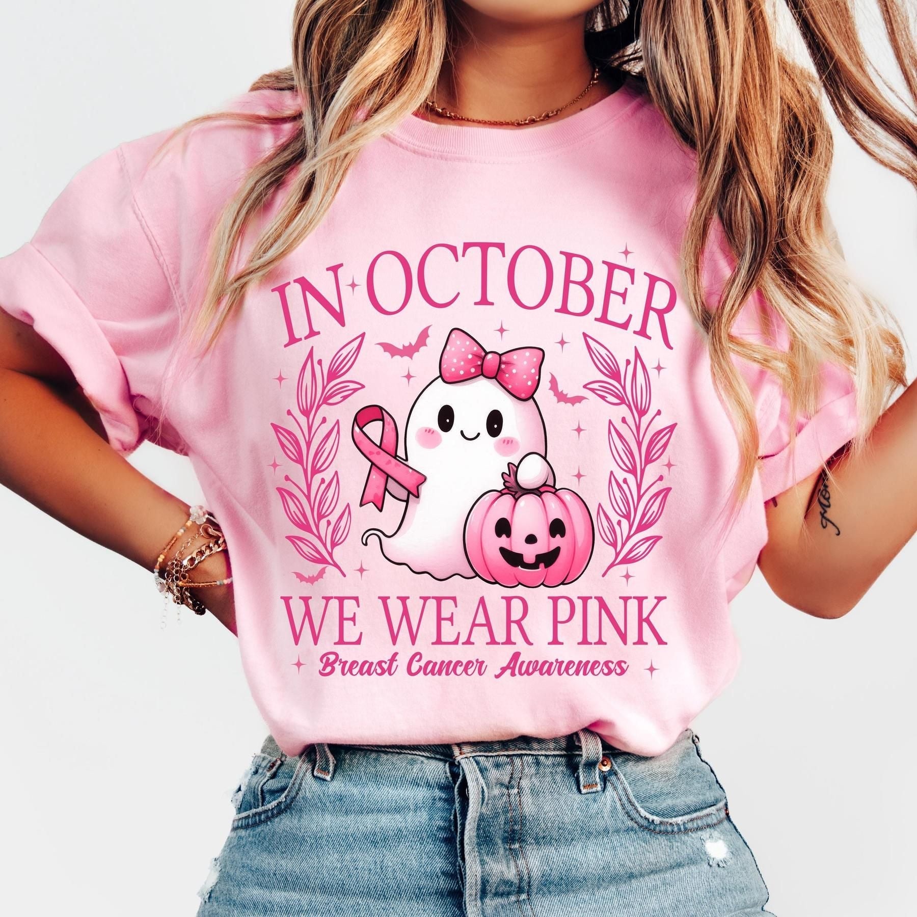In October We Wear Pink T-Shirt - Retro Breast Cancer Awareness Tee, Halloween Pink Ghost Shirt
