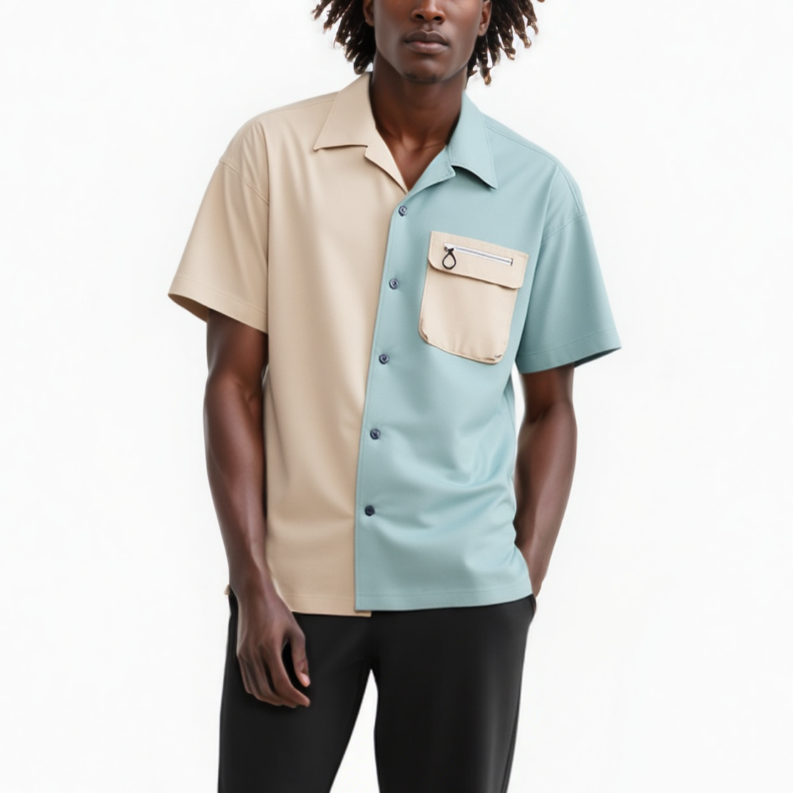 Konus Men's Bellow Pocket Oversize Short Sleeve Shirt in Khaki