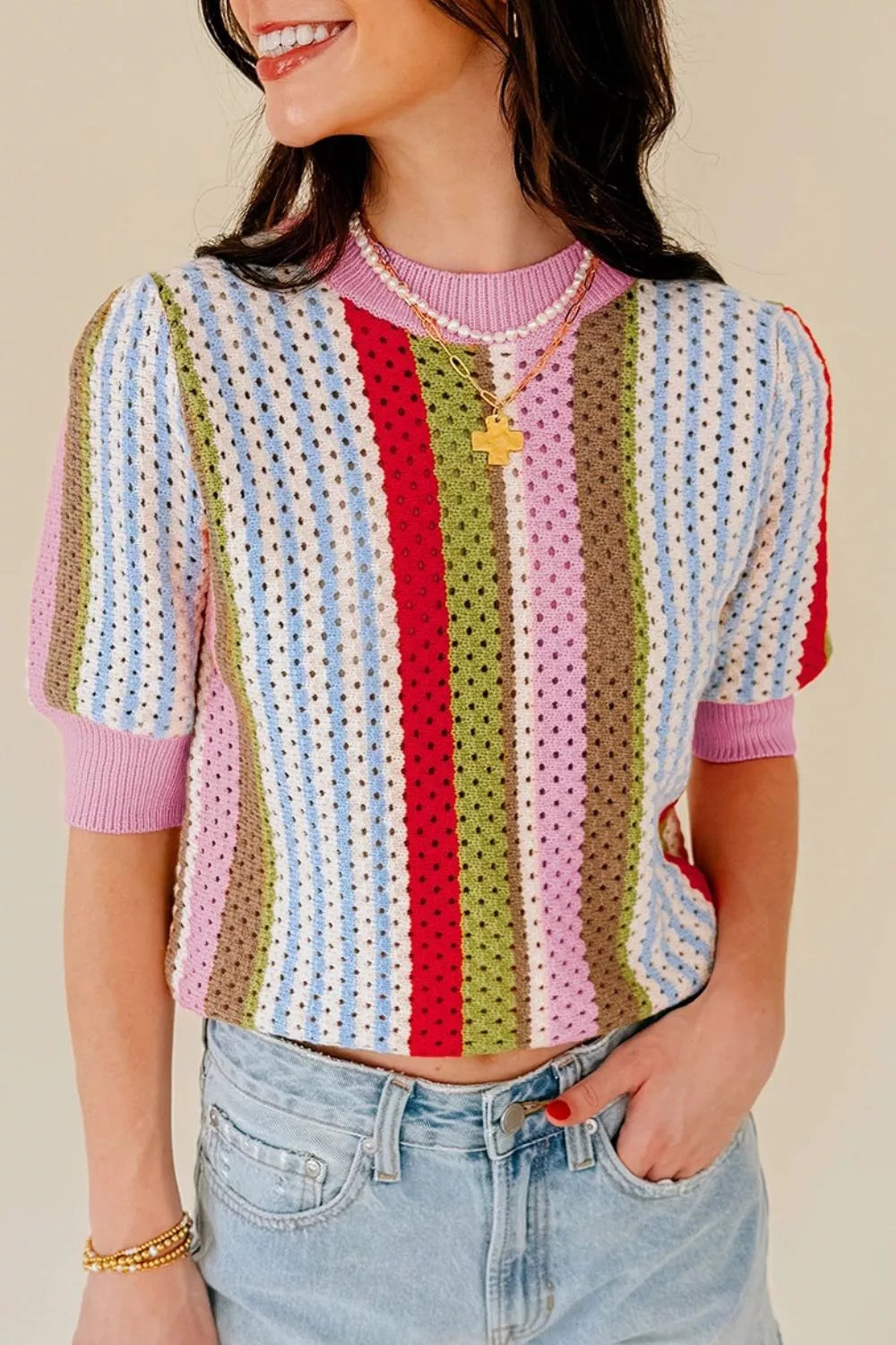Color Block Short Sleeve Striped Crochet Knit Top