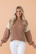 Leopard Colorblock Reverse Seam Corded Long Sleeve Knit Top