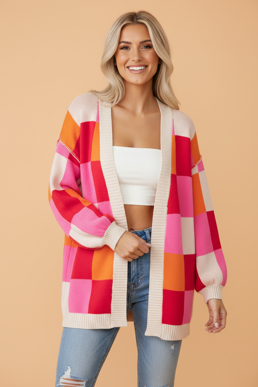Checker Drop Shoulder Reverse Seam Open Front Cardigan