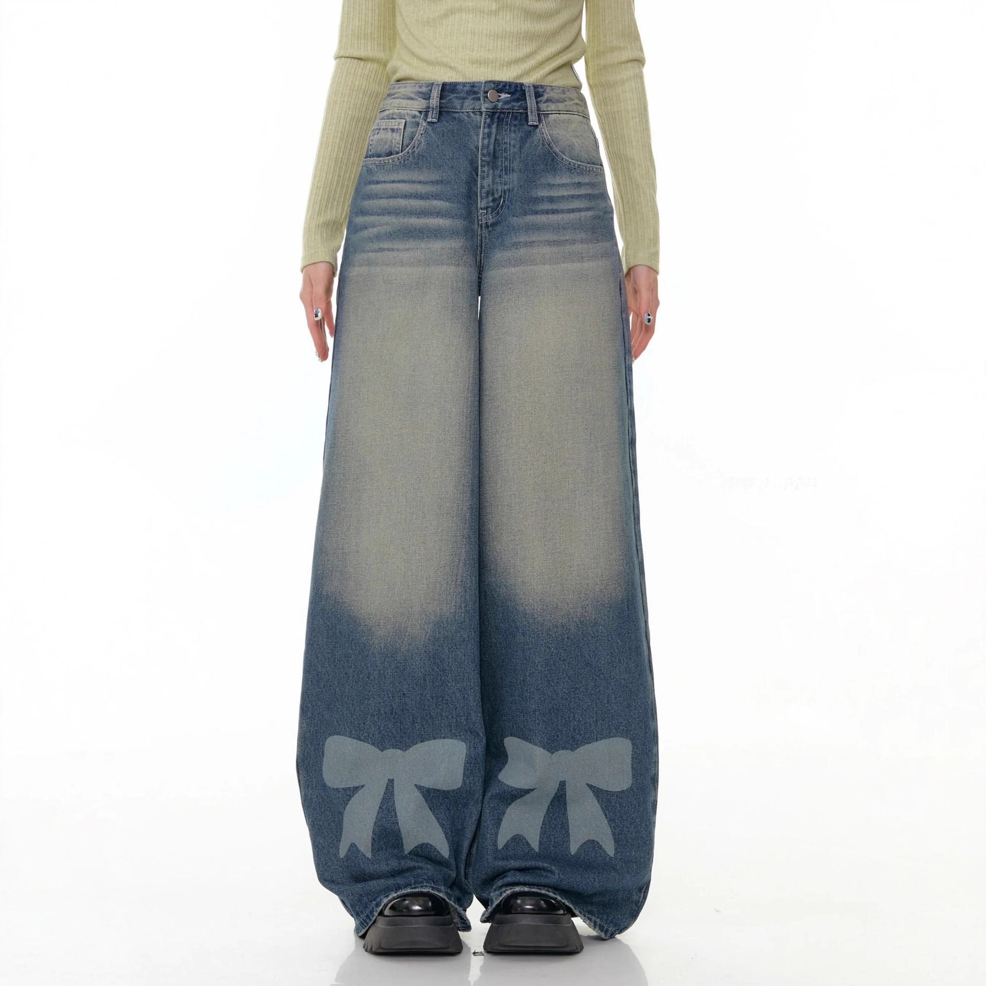 Retro Wide-leg Bow-tie Printed Washed Denim Jeans