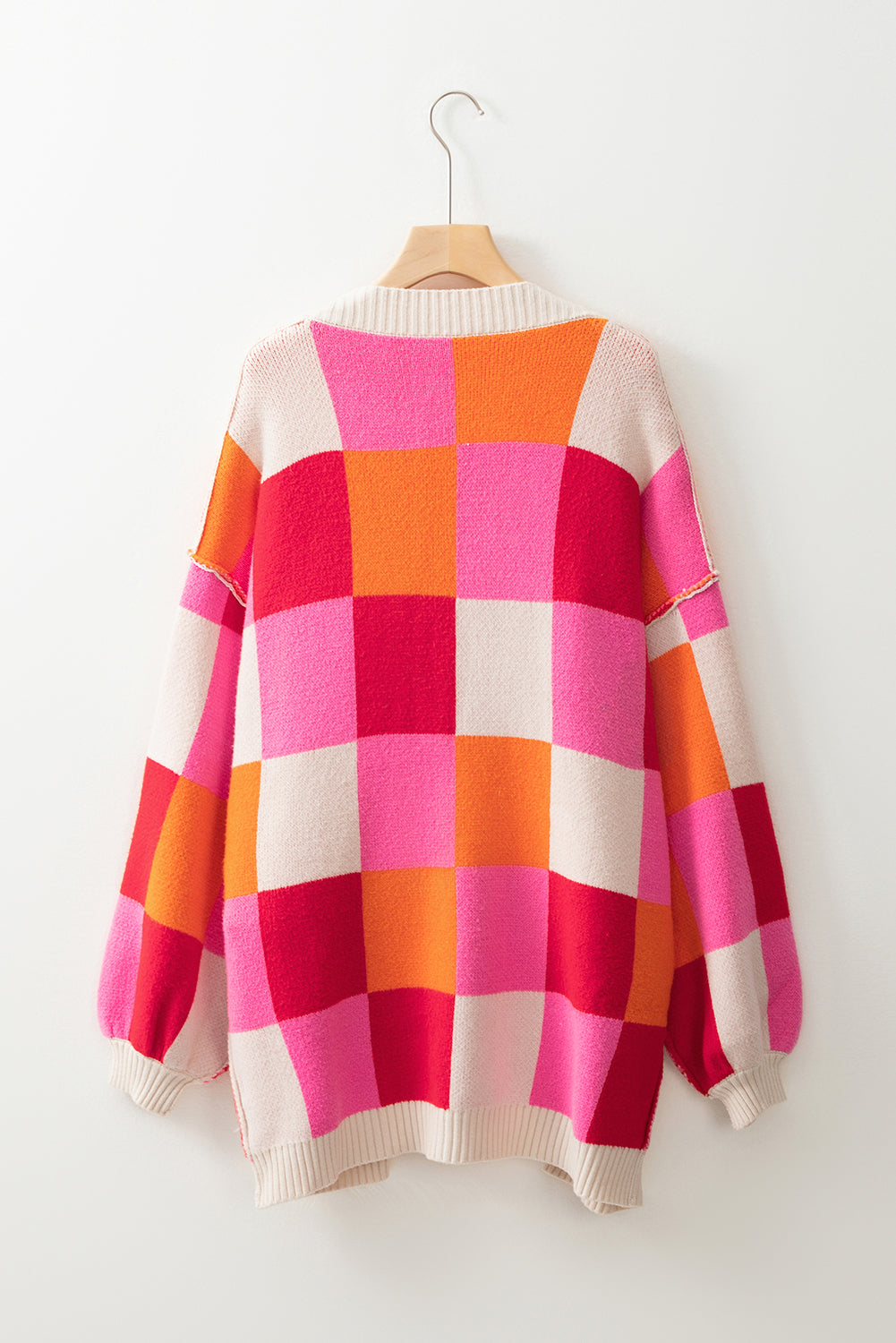 Checker Drop Shoulder Reverse Seam Open Front Cardigan