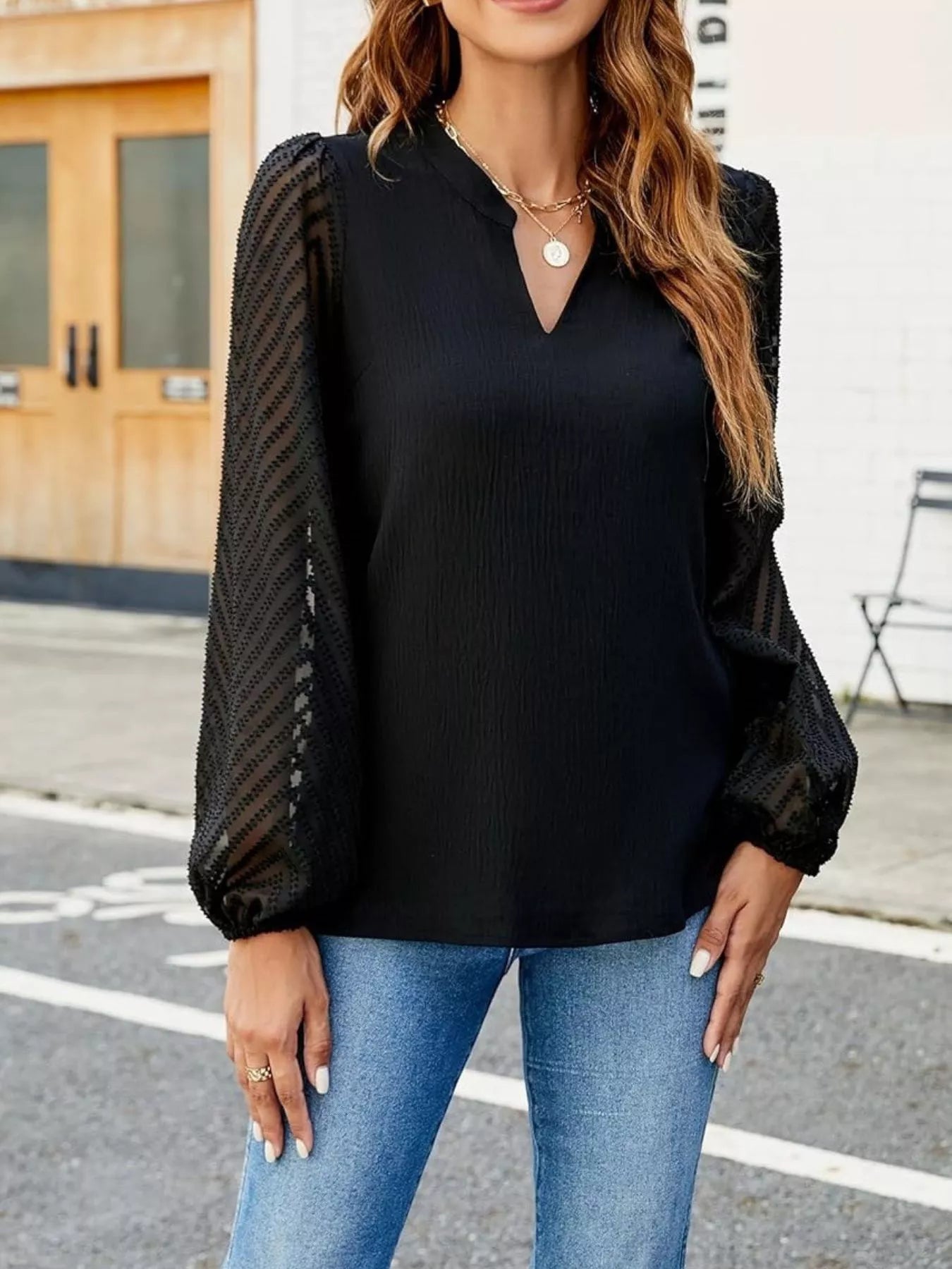Notched Balloon Sleeve Blouse