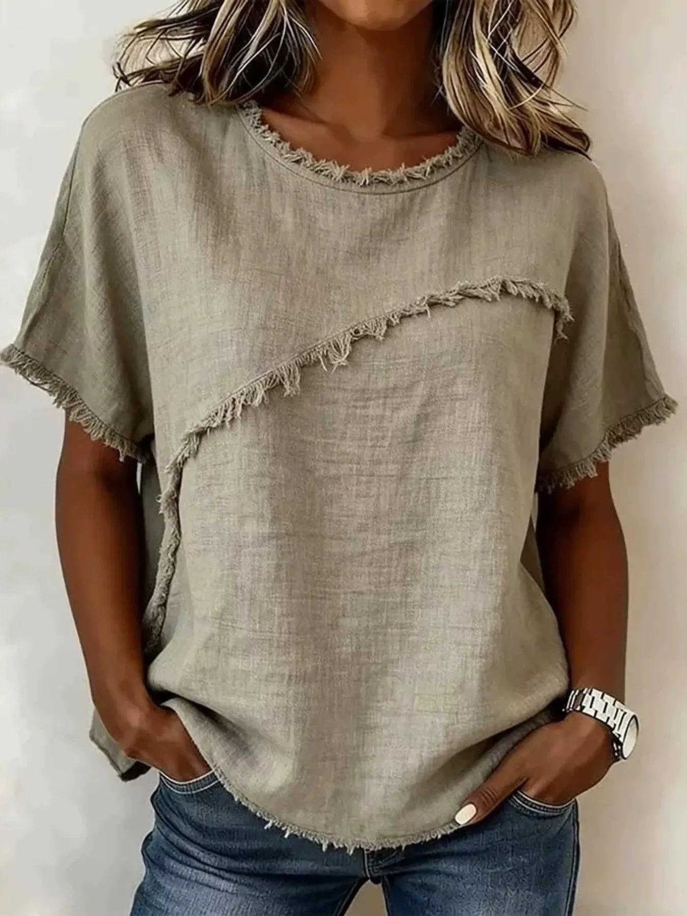 Full Size Frayed Hem Short Sleeve Top Plus Size