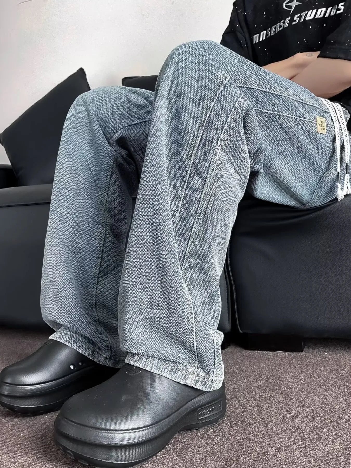 Men's Plus Size Drawstring Washed Wide Leg Jeans