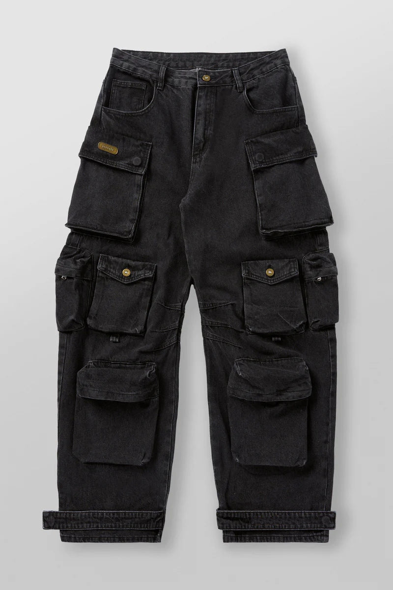 Mens Retro-style Loose-fit Washed Straight-leg Denim Jeans With Multiple Pockets